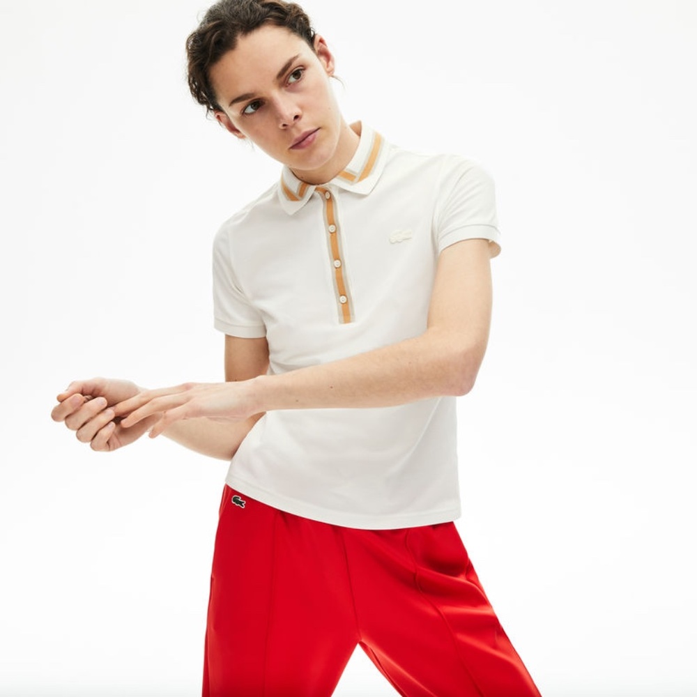 Lacoste cotton stretch polo shirt, off white with gold detailing, size 40